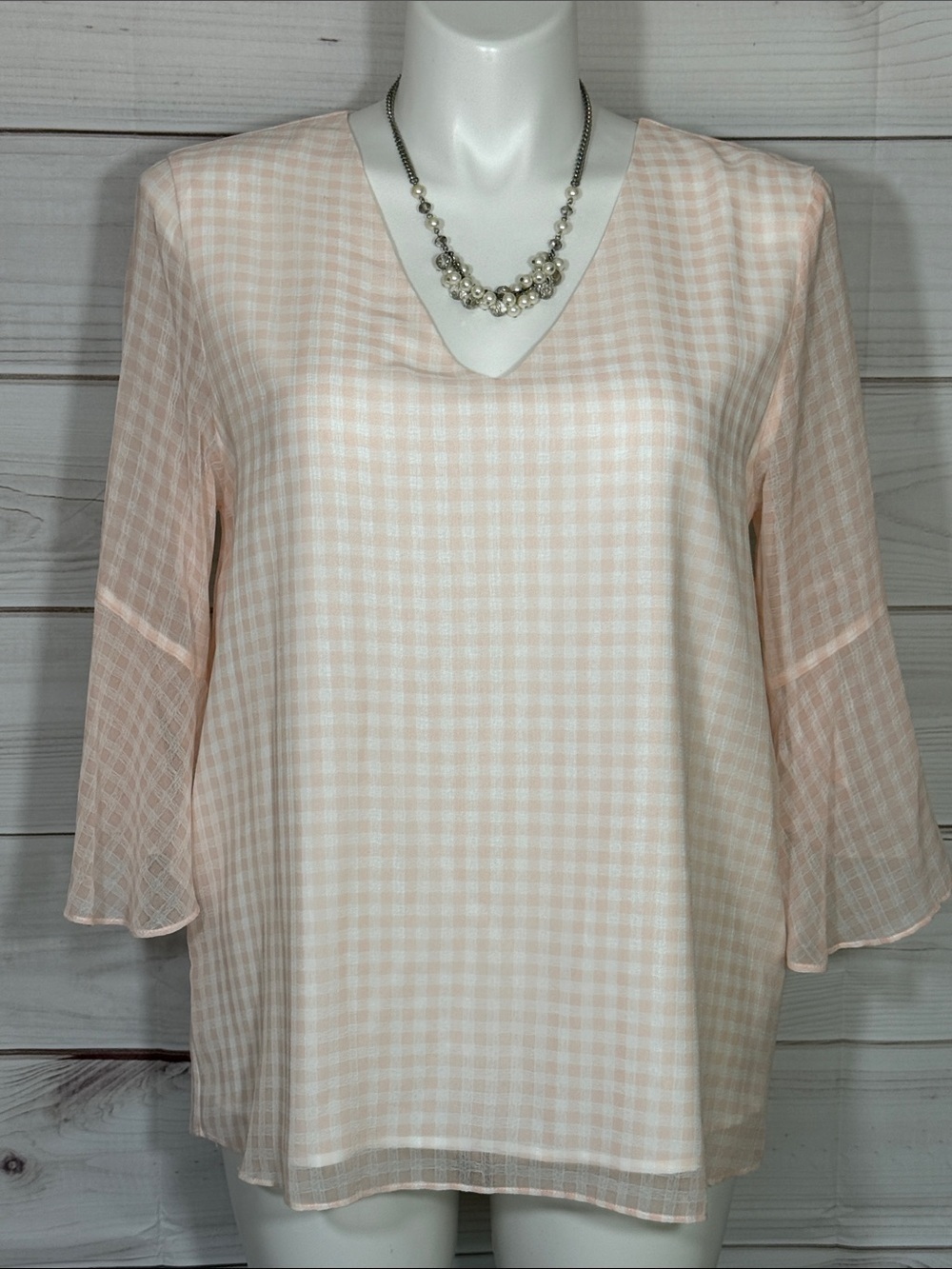 NWOT Calvin Klein Blush Gingham Plaid Voile V-Neck Semi-Sheer Blouse